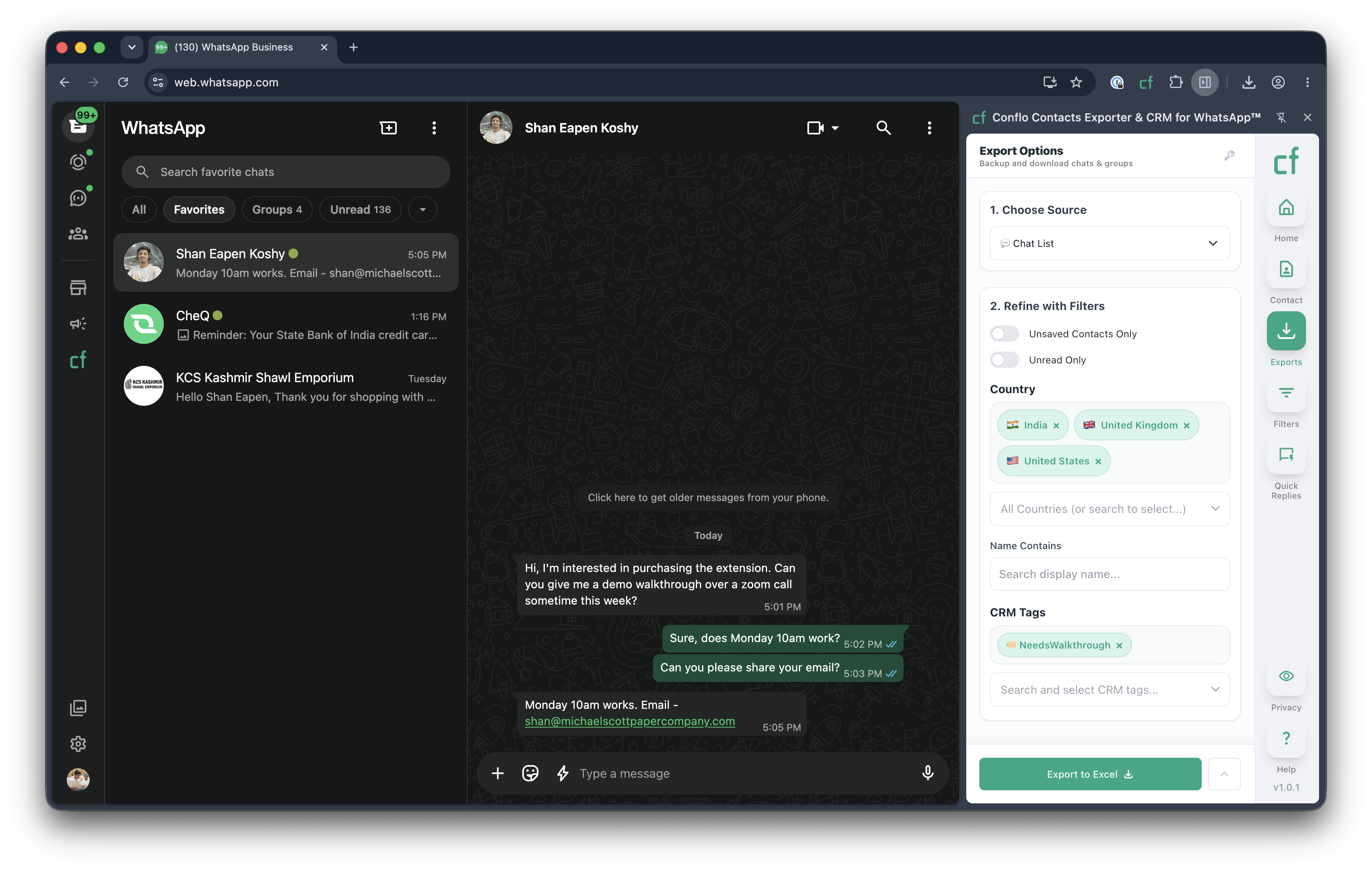 Conflo CRM Premium Exporter Dashboard Interface